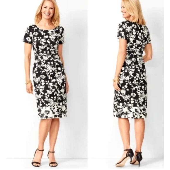 EUC Talbots Floral Bateau-Neck Sheath Midi Dress Sz 6 Black & White Dressy Work - Picture 1 of 9